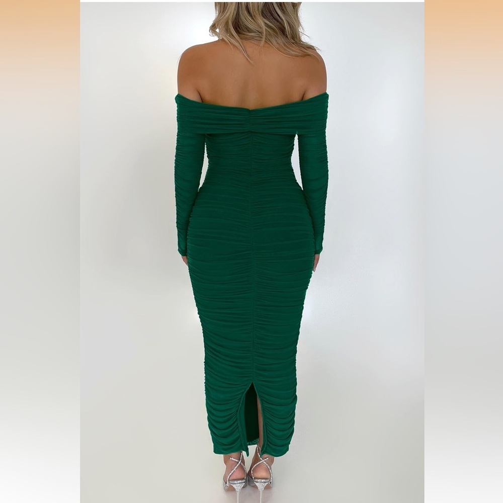 294. Prettygarden Chic Off-Shoulder Emerald Green Long Sleeve Dress — image 3 of 6